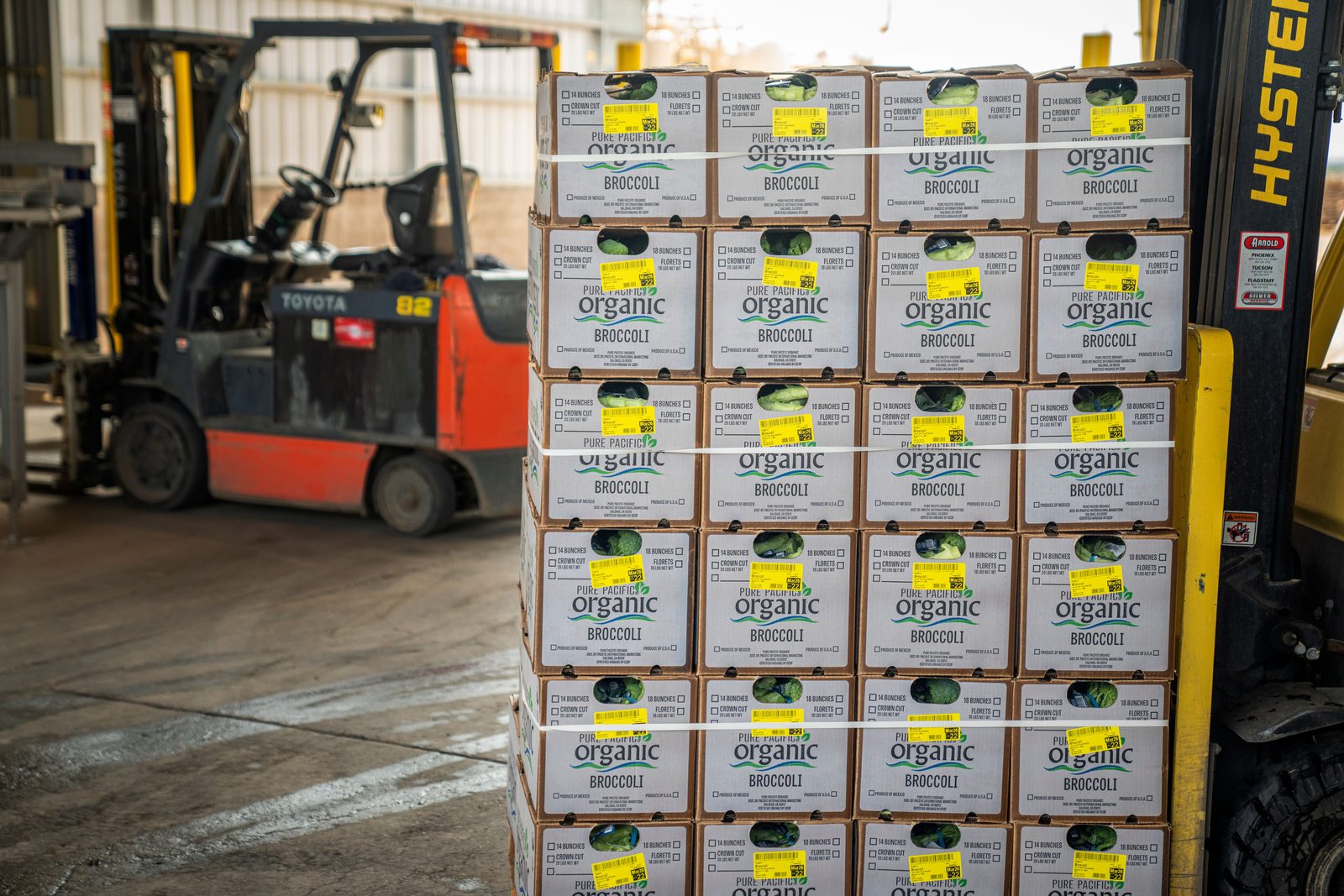 A forklift stacking pallets of boxed produce in a packing warehouse