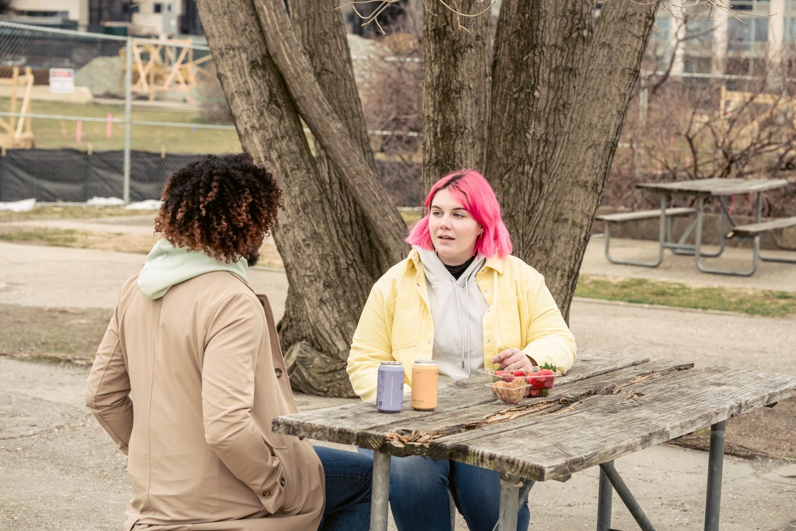 Two people talking across an outdoor picnic table