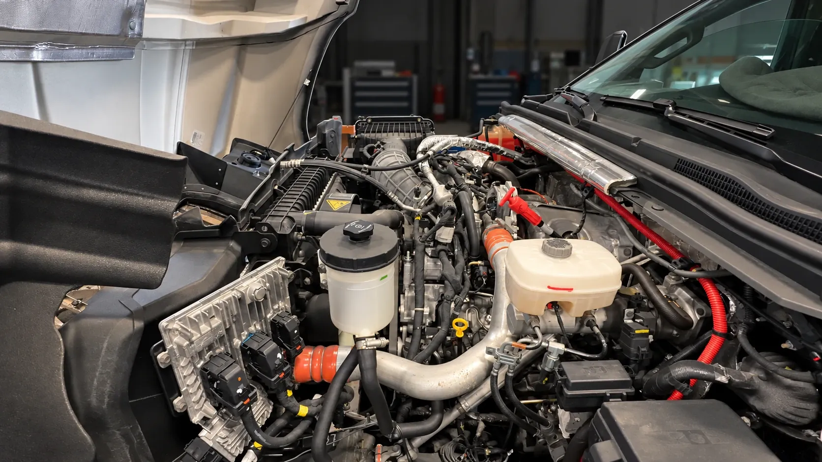 Open engine bay of the Frontier All Terrain chassis in the shop, with coolant and brake fluid reservoirs and the wiring in place