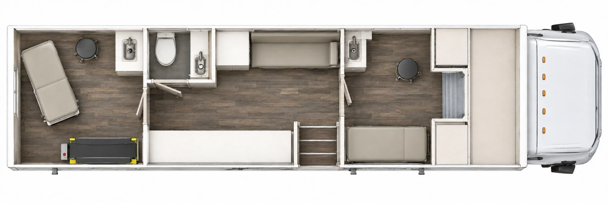 Top-view floor plan of Frontier All Terrain. From the back: an exam room with an exam table, stool and sink; a restroom; a center work area with a long counter, storage, bench seating and the entry steps; a second exam room with an exam table, stool and sink; then storage cabinets and the cab.