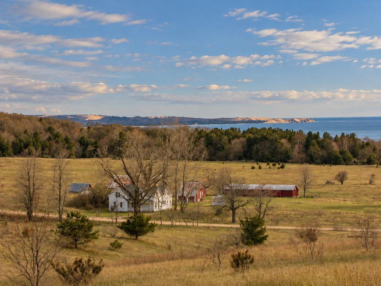 Thoreson Farm with Lake Michigan and Sleeping Bear Point in the background