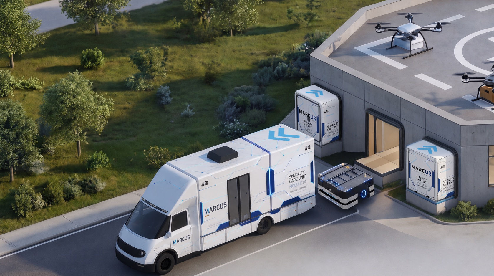 Rendering of the MARCUS modular mobile healthcare platform in a rural setting