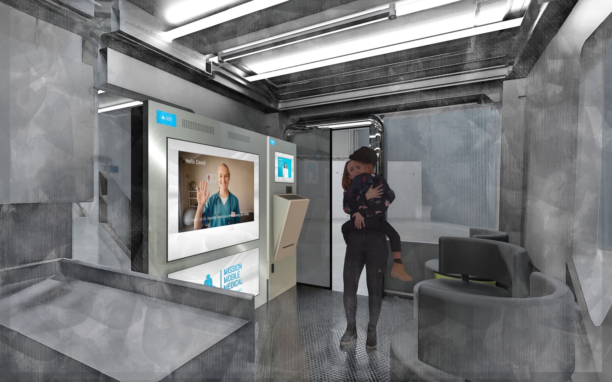 Design render of the MARCUS interior: a telehealth check-in screen greeting a patient, with a parent and child entering the waiting area